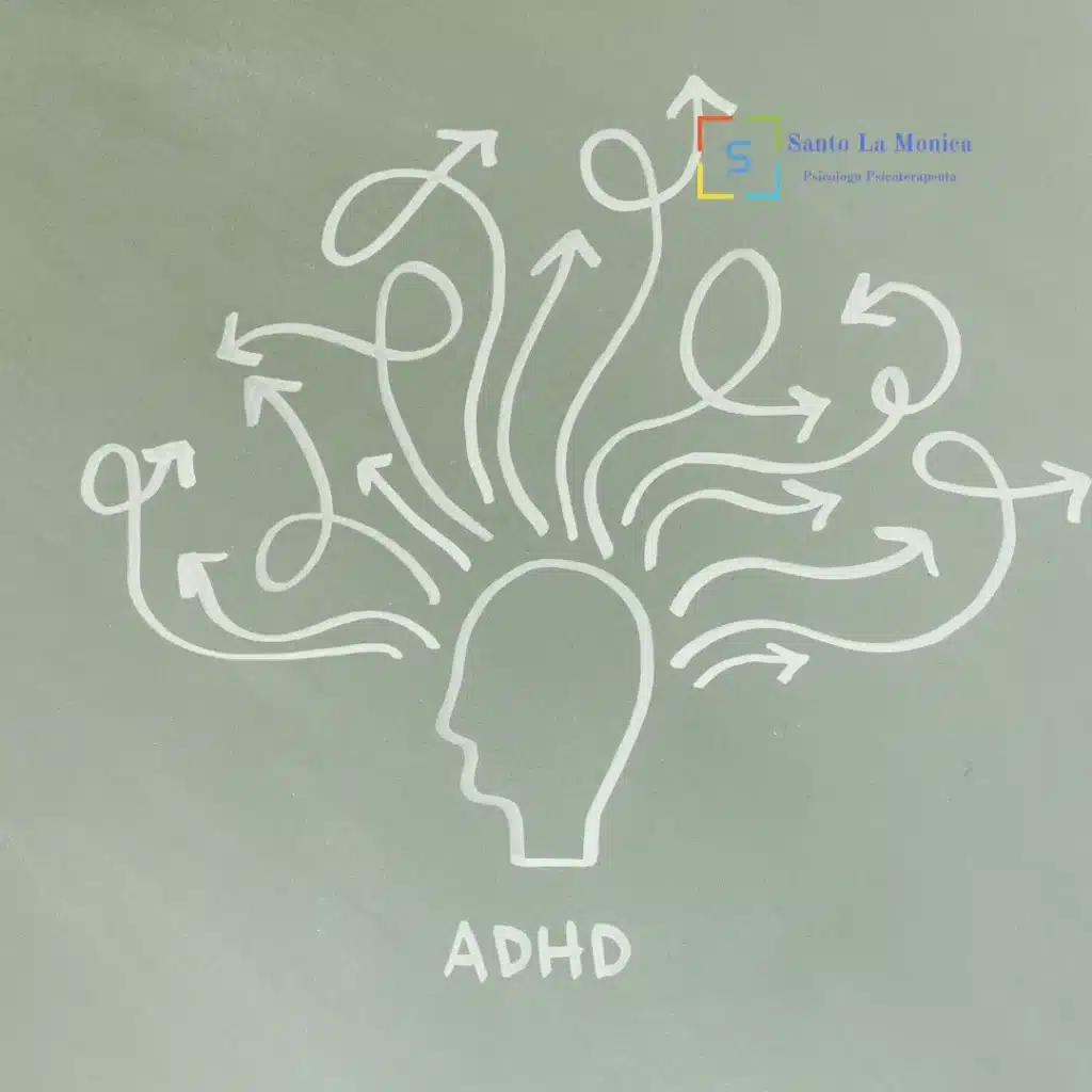 Disegno stilizzato di testa con frecce caotiche su sfondo verde, concetto ADHD, studio psicologo a Padova Santo La Monica.