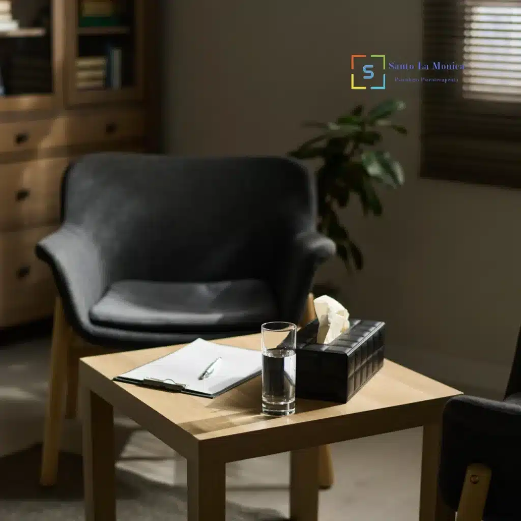 Studio di psicologia accogliente con poltrona, tavolino, bicchiere d’acqua, fazzoletti e taccuino — Studio Santo La Monica, Padova.