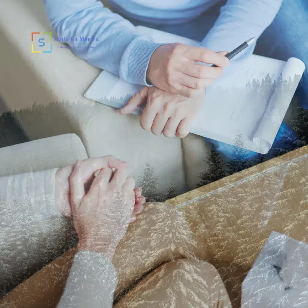 Colloquio di psicoterapia invernale a Padova, mani del paziente e dello psicologo che si incontrano con sovrapposizione di paesaggio innevato e logo Santo La Monica.