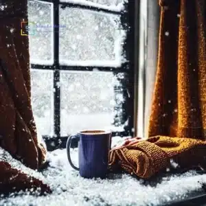 Tazza appoggiata sul davanzale innevato accanto a una sciarpa arancione, vista da una finestra d’inverno con il logo Santo La Monica Psicologo Psicoterapeuta.