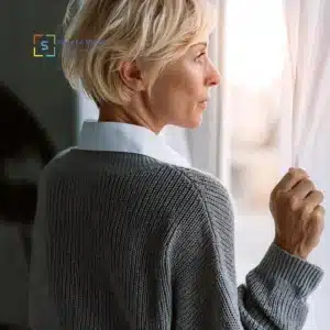 Donna di profilo guarda fuori dalla finestra tenendo la tenda, in un’atmosfera silenziosa e riflessiva.