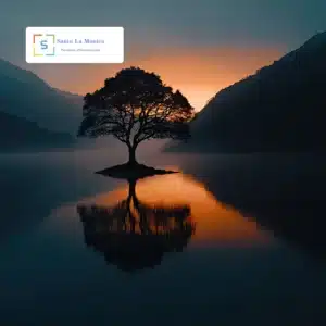 Albero in controluce su un lago al tramonto, atmosfera calma e riflesso sull’acqua (logo Santo La Monica).