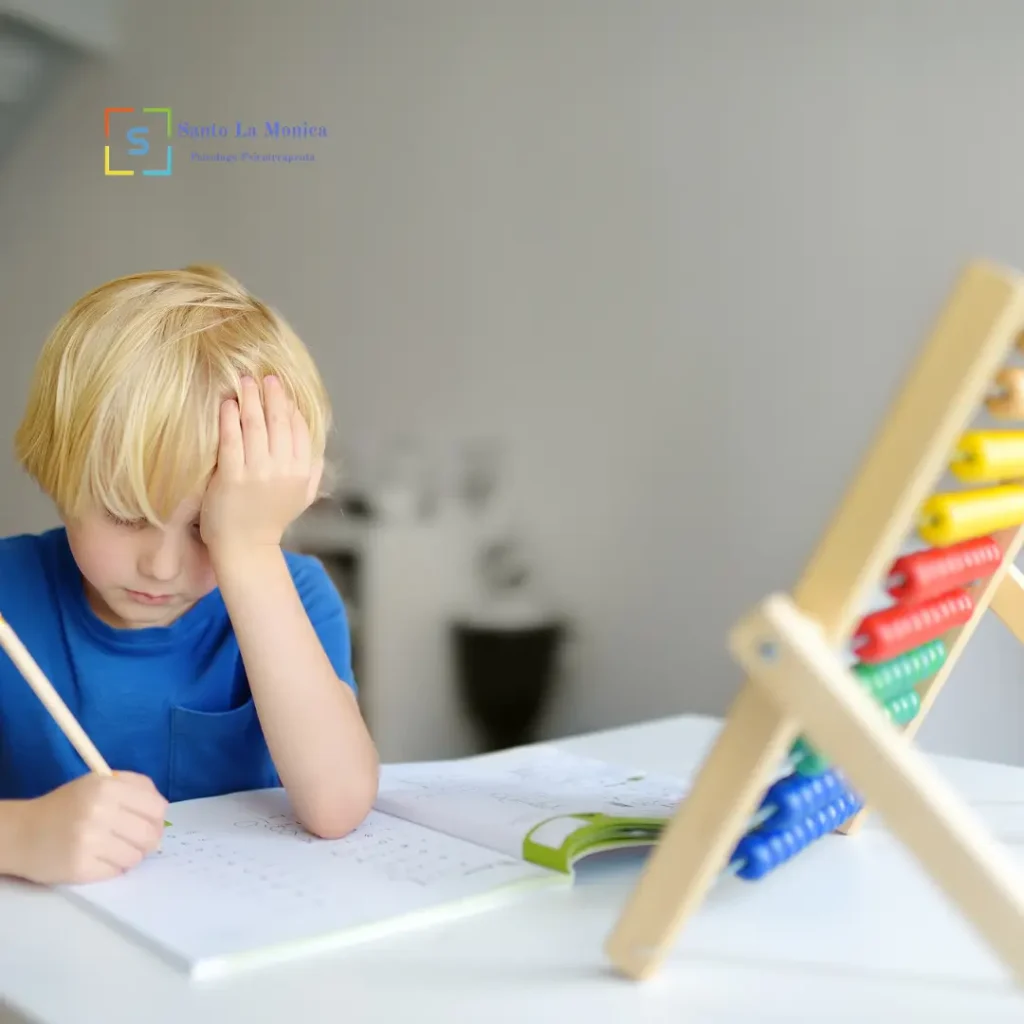 “Bambino al tavolo mentre fa i compiti, testa appoggiata alla mano; quaderno aperto e abaco sfocato in primo piano.”