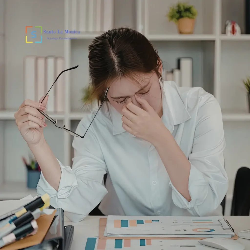 Donna in ufficio con espressione stanca mentre tiene gli occhiali in mano, immagine sul burnout e l’esaurimento mentale.