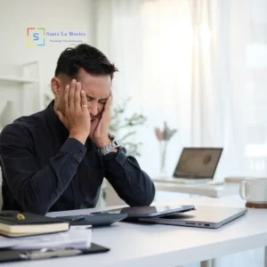 Uomo seduto alla scrivania con segni di stress e affaticamento, immagine sul burnout lavorativo.