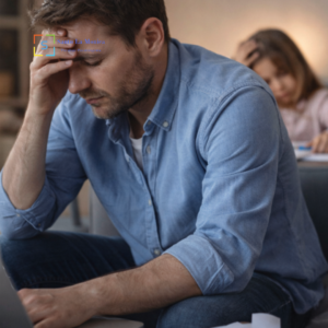 Padre affaticato seduto con il laptop davanti e documenti sul tavolo, con una bambina sullo sfondo.