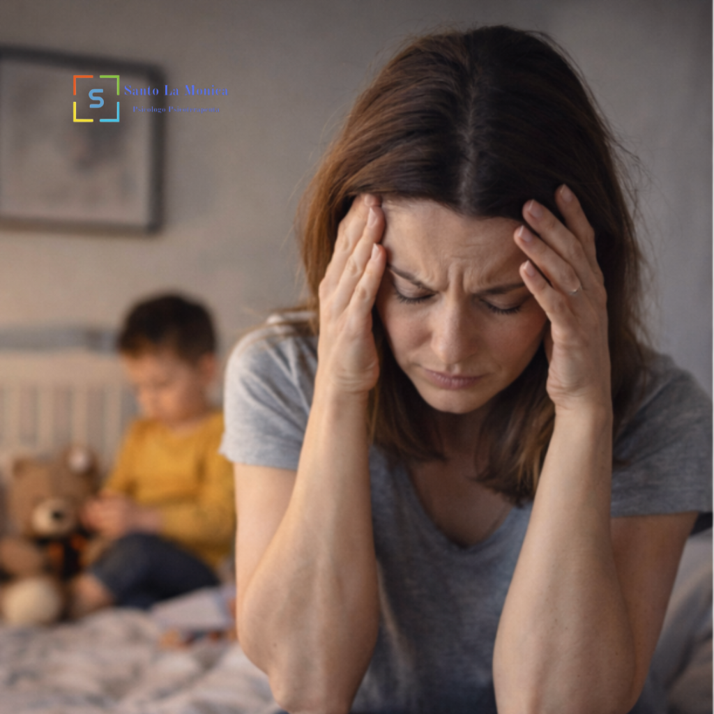 Madre seduta sul letto con le mani alla testa, visibilmente esausta, mentre il figlio gioca sullo sfondo.
