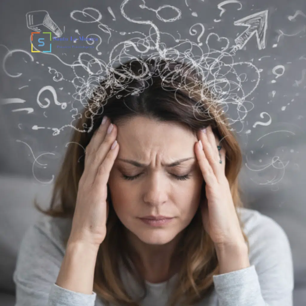 donna stressata con disegni caotici intorno alla testa, simbolo di sovraccarico mentale.