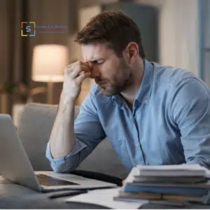 Uomo affaticato seduto vicino a un laptop, rappresenta ansia e stress mentale.